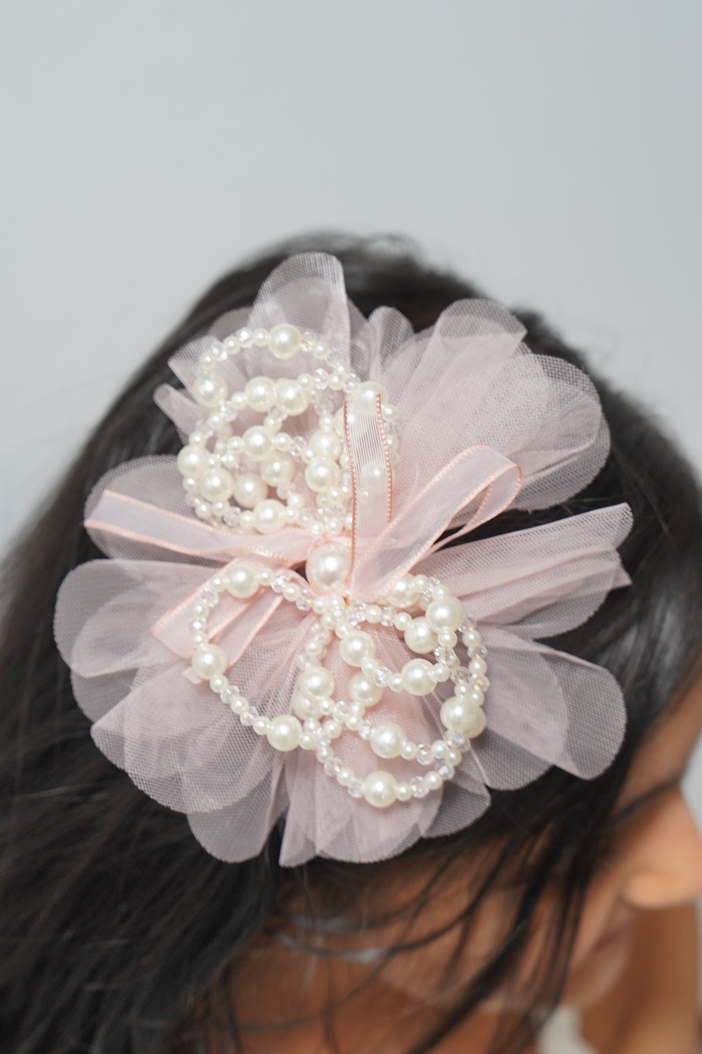 Elegant Tulle Hair Clip with Pearl Loops & Ribbon Bow Party & Wedding Hair Accessory