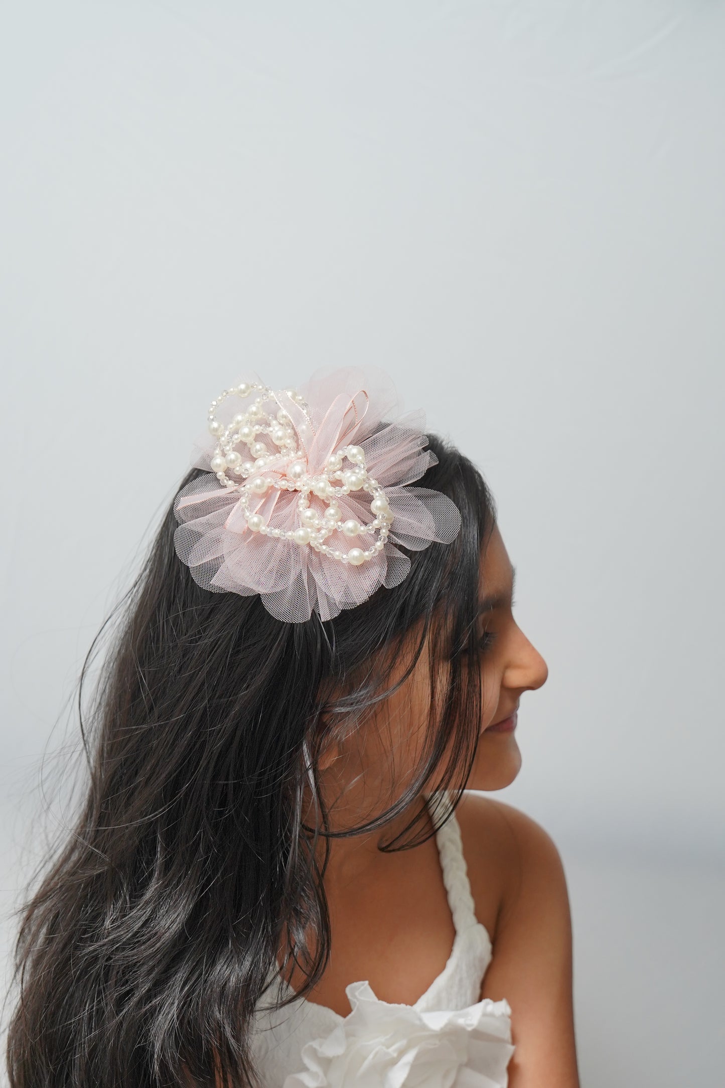 Elegant Tulle Hair Clip with Pearl Loops & Ribbon Bow Party & Wedding Hair Accessory
