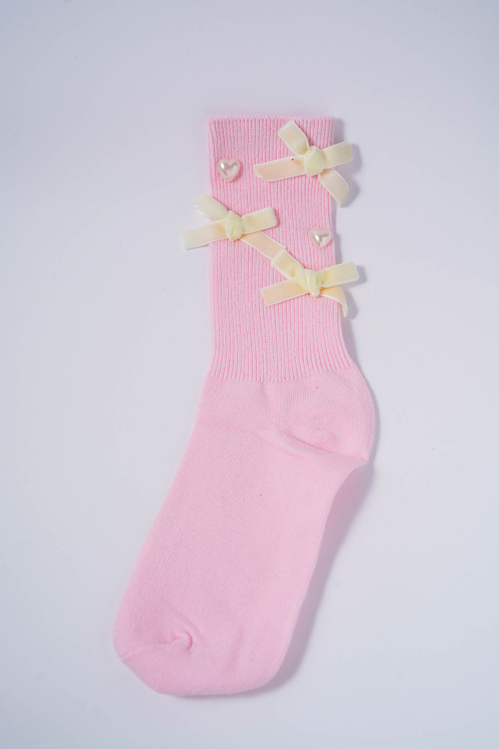 Pink Socks with Cream Bows & Pearl Heart