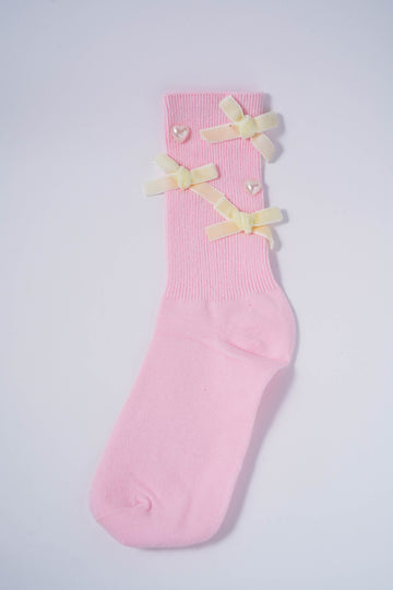 Pink Socks with Cream Bows & Pearl Heart