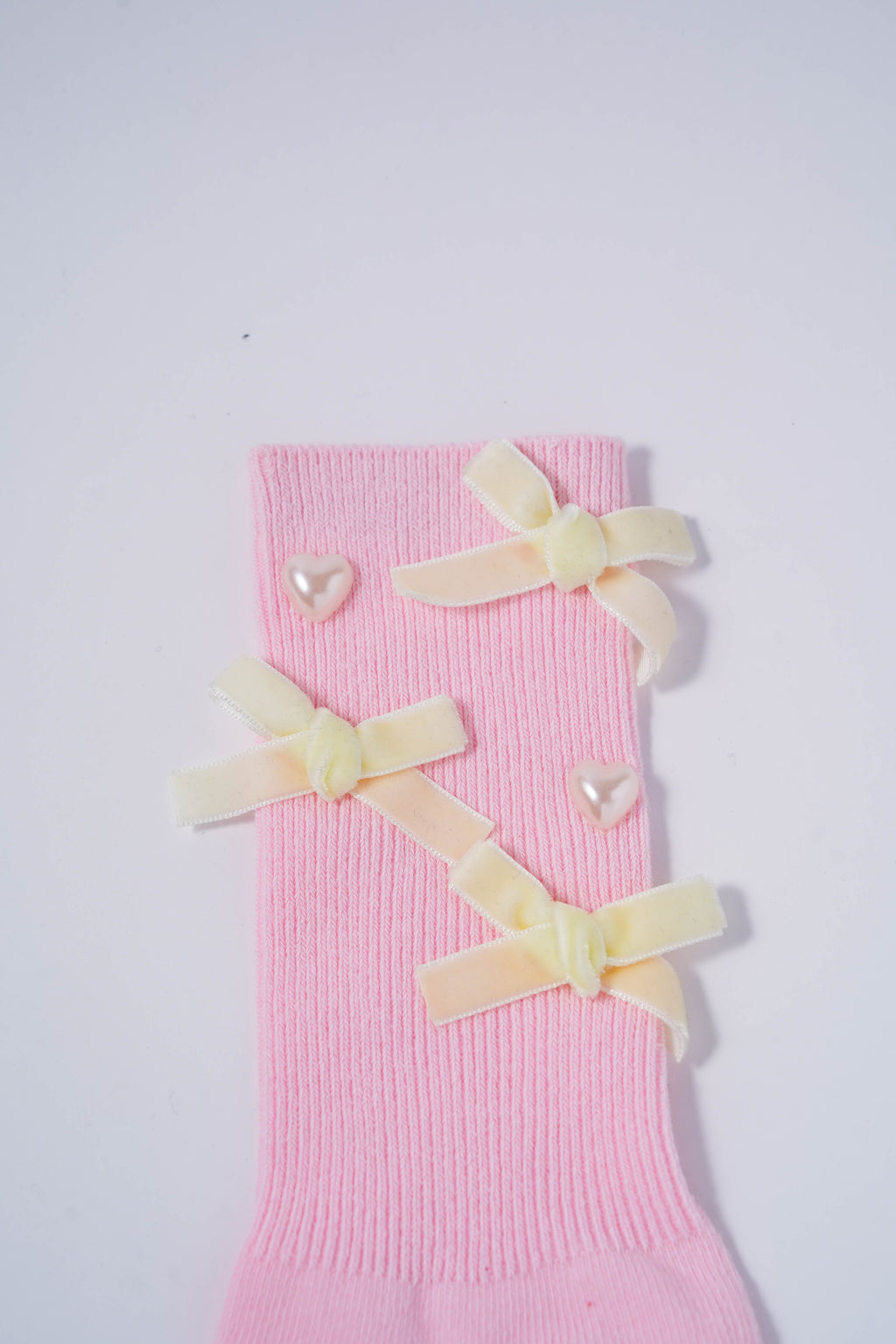 Pink Socks with Cream Bows & Pearl Heart