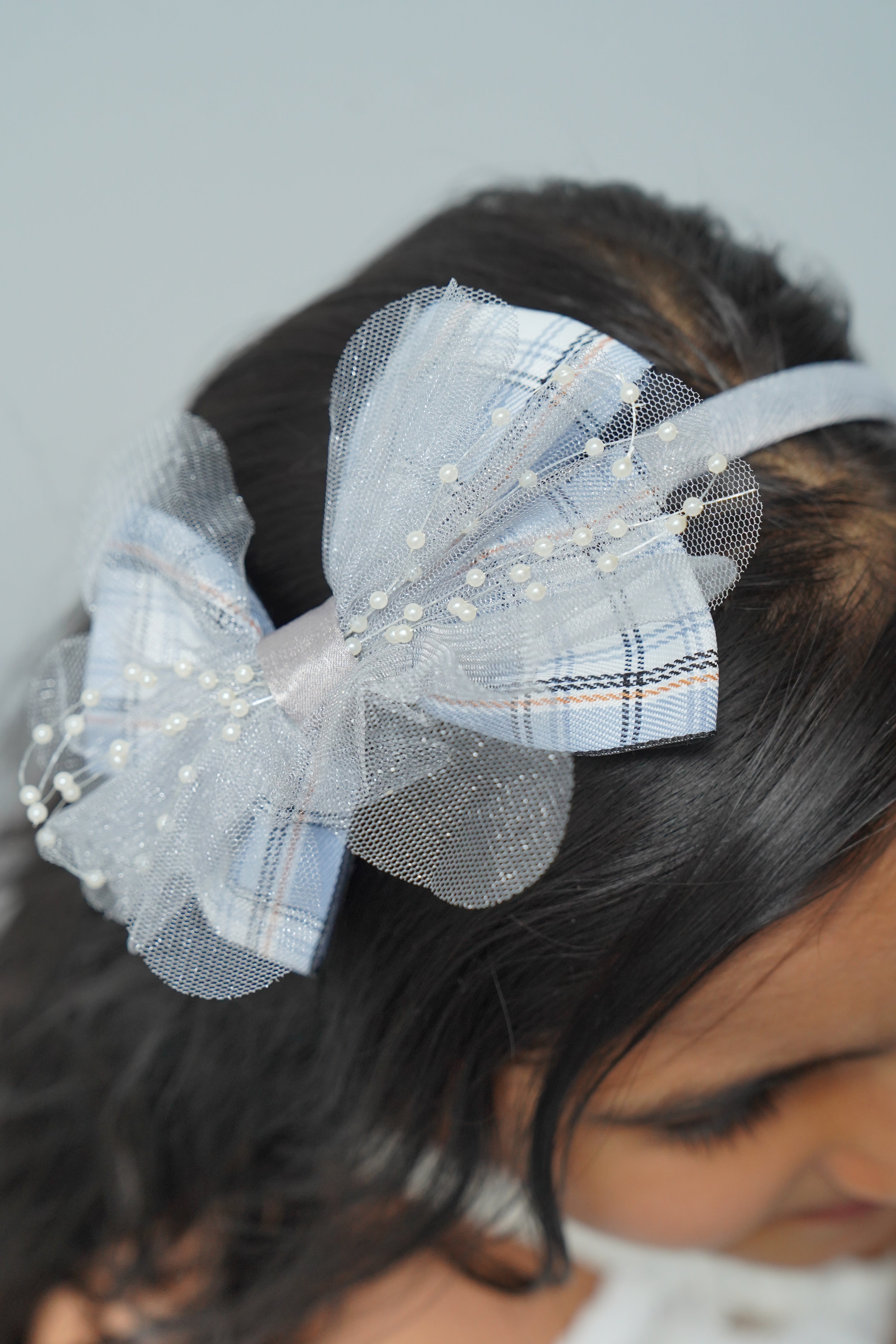 Plaid & Pearl Bow Hairband