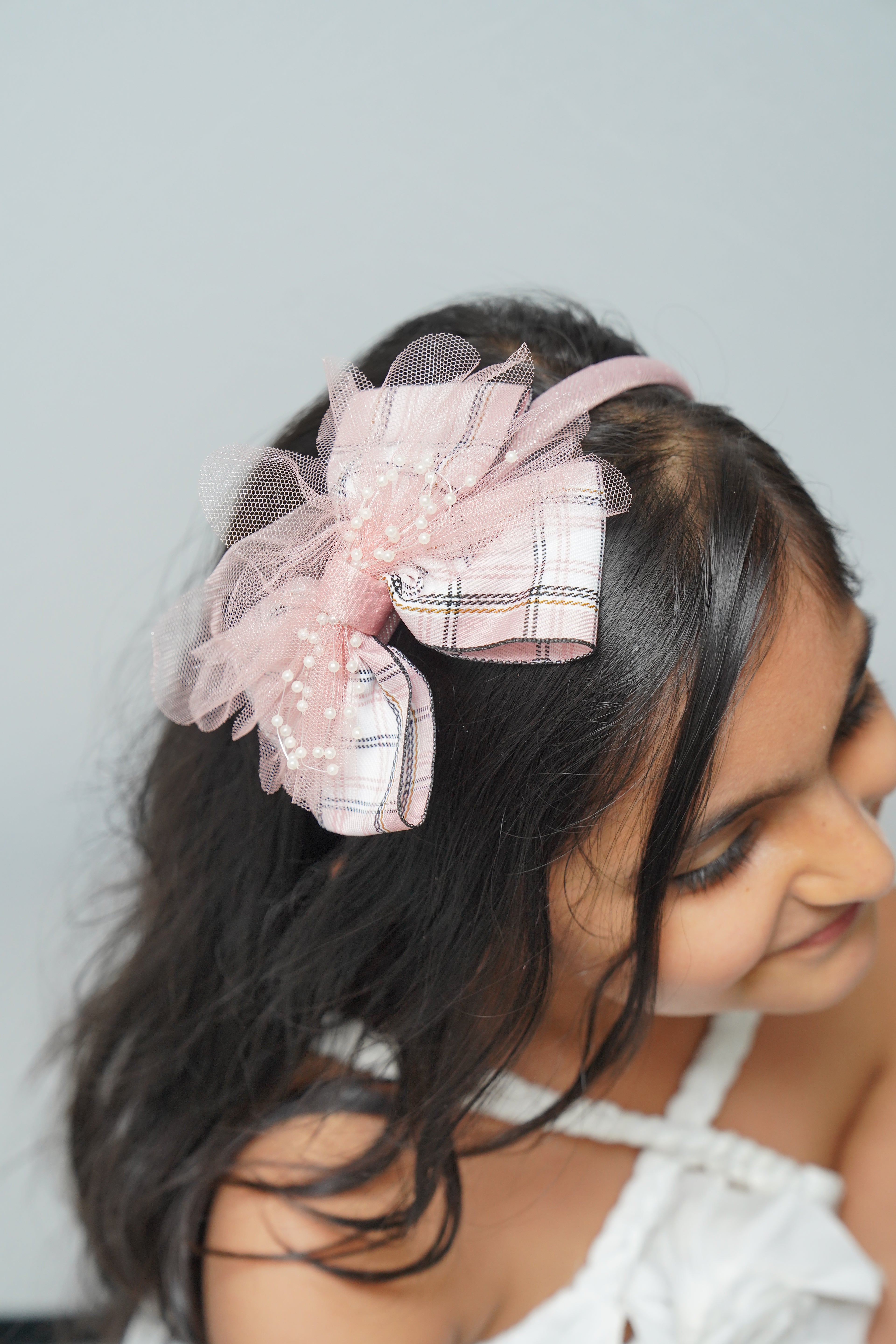 Plaid & Pearl Bow Hairband