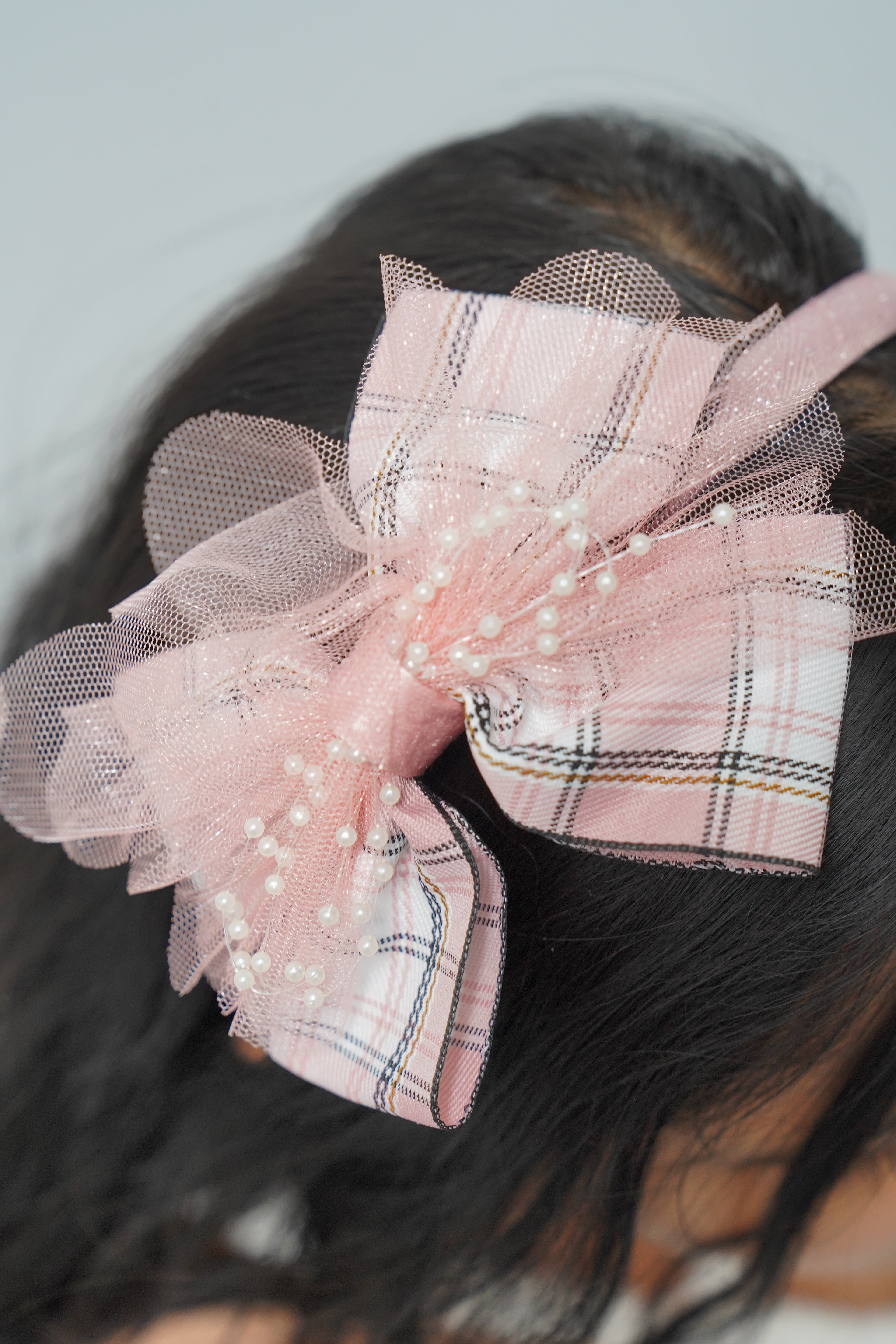 Plaid & Pearl Bow Hairband