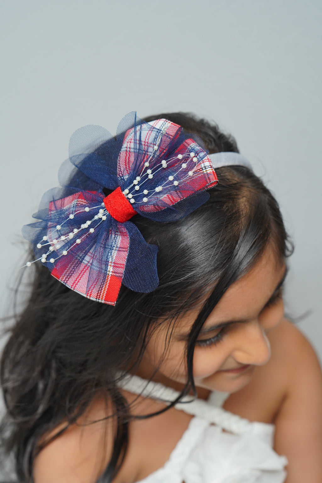 Plaid & Pearl Bow Hairband