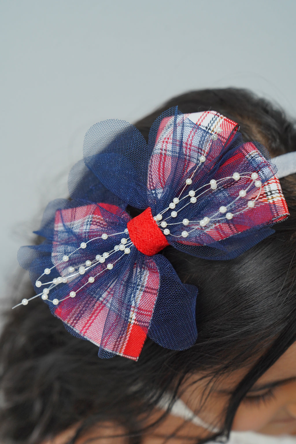 Plaid & Pearl Bow Hairband
