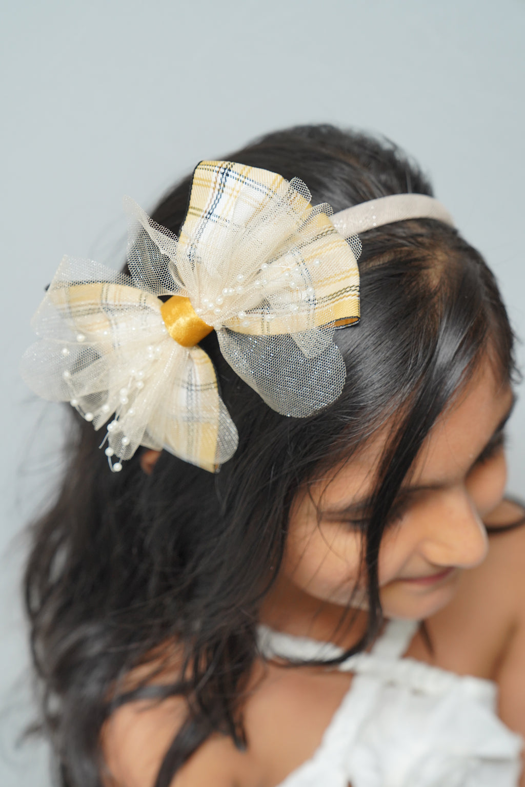 Plaid & Pearl Bow Hairband