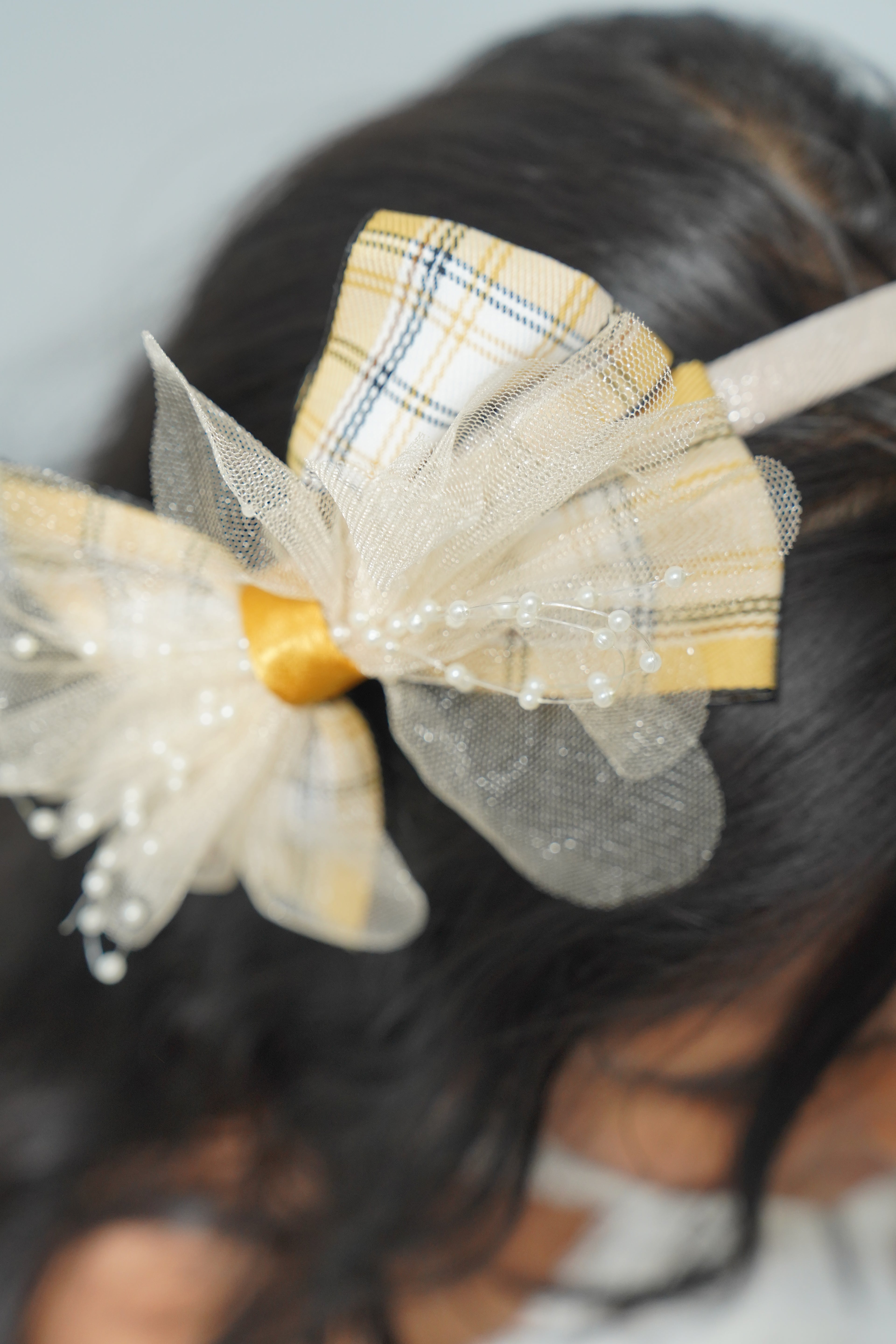 Plaid & Pearl Bow Hairband