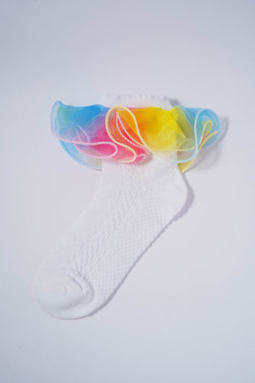 White Kids' Socks with Rainbow Candy Frill