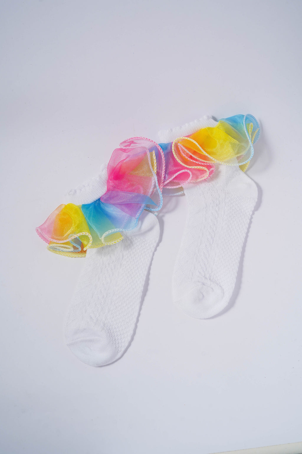 White Kids' Socks with Rainbow Candy Frill