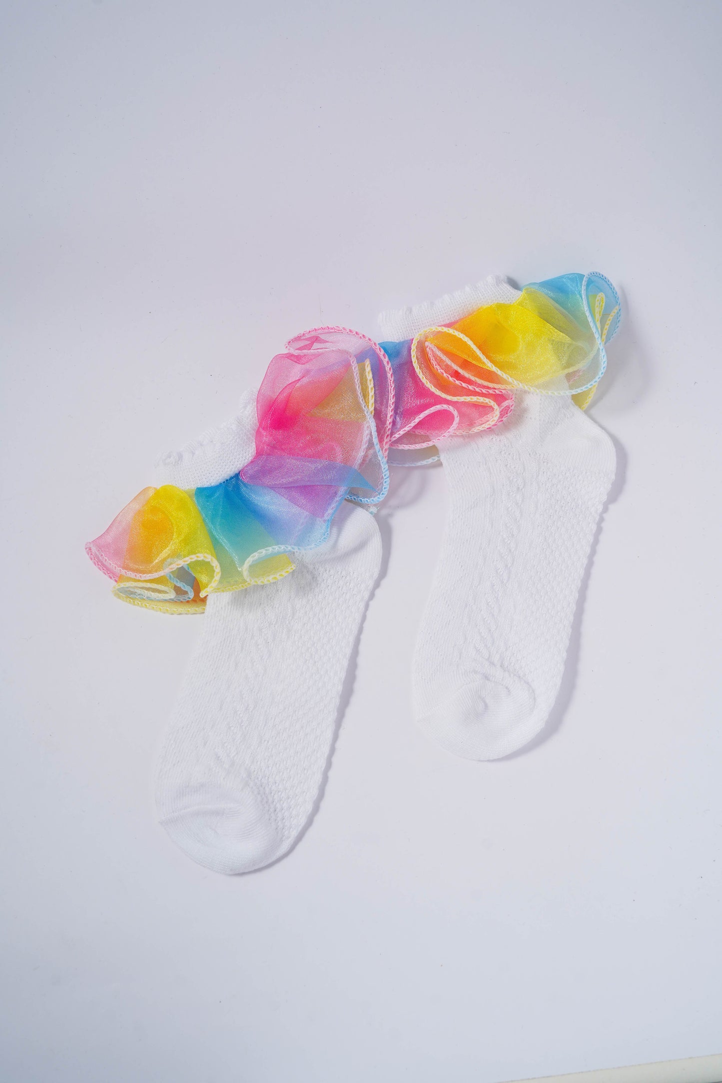 White Kids' Socks with Rainbow Candy Frill
