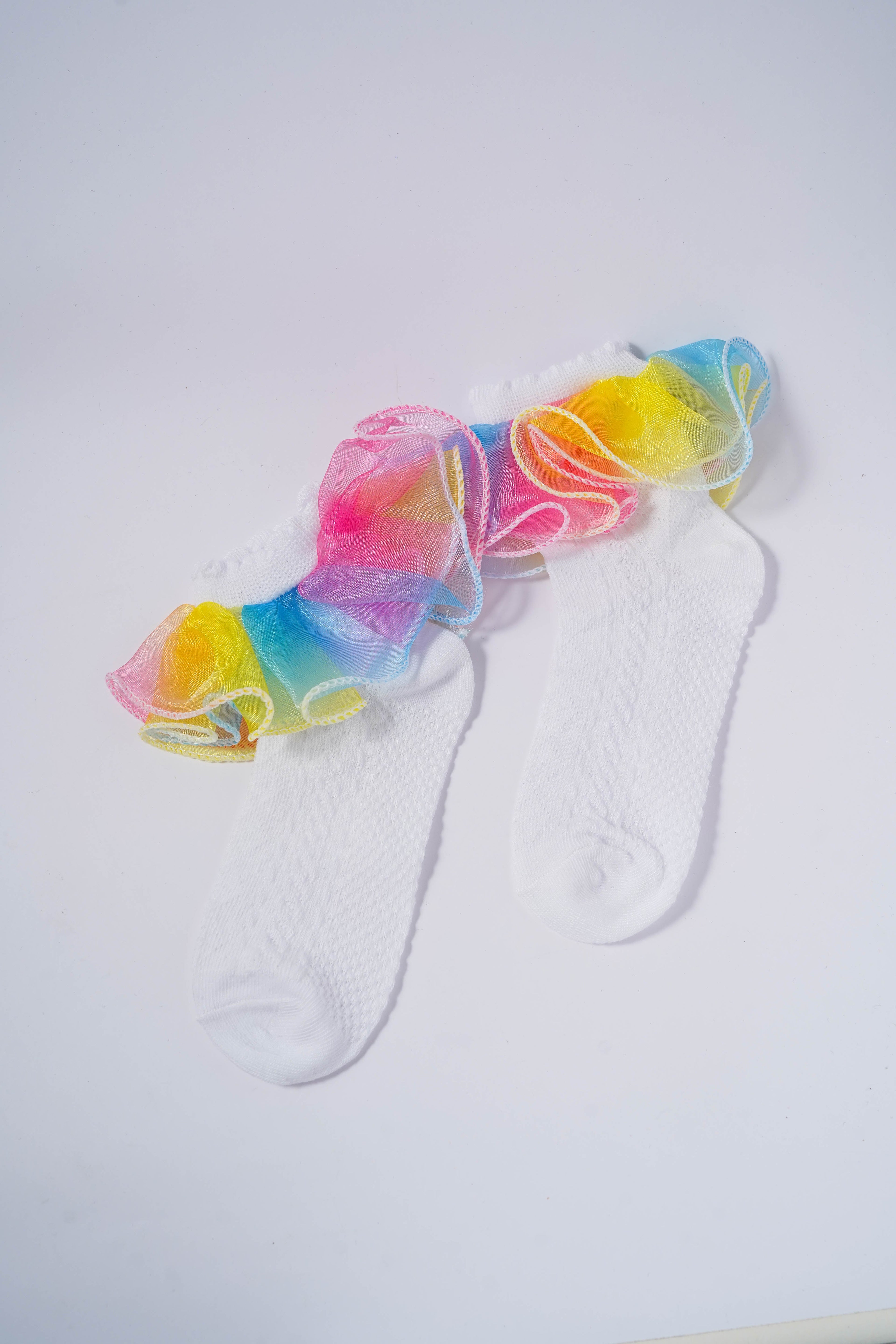 White Kids' Socks with Rainbow Candy Frill