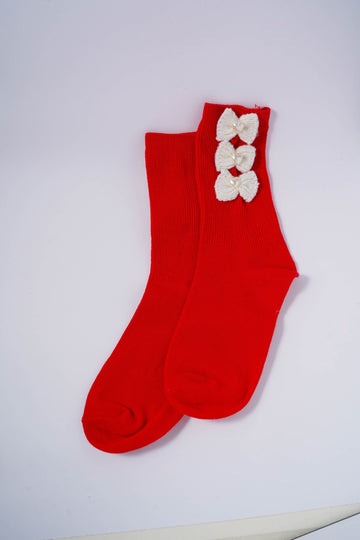 Socks with Knitted Cream Bows