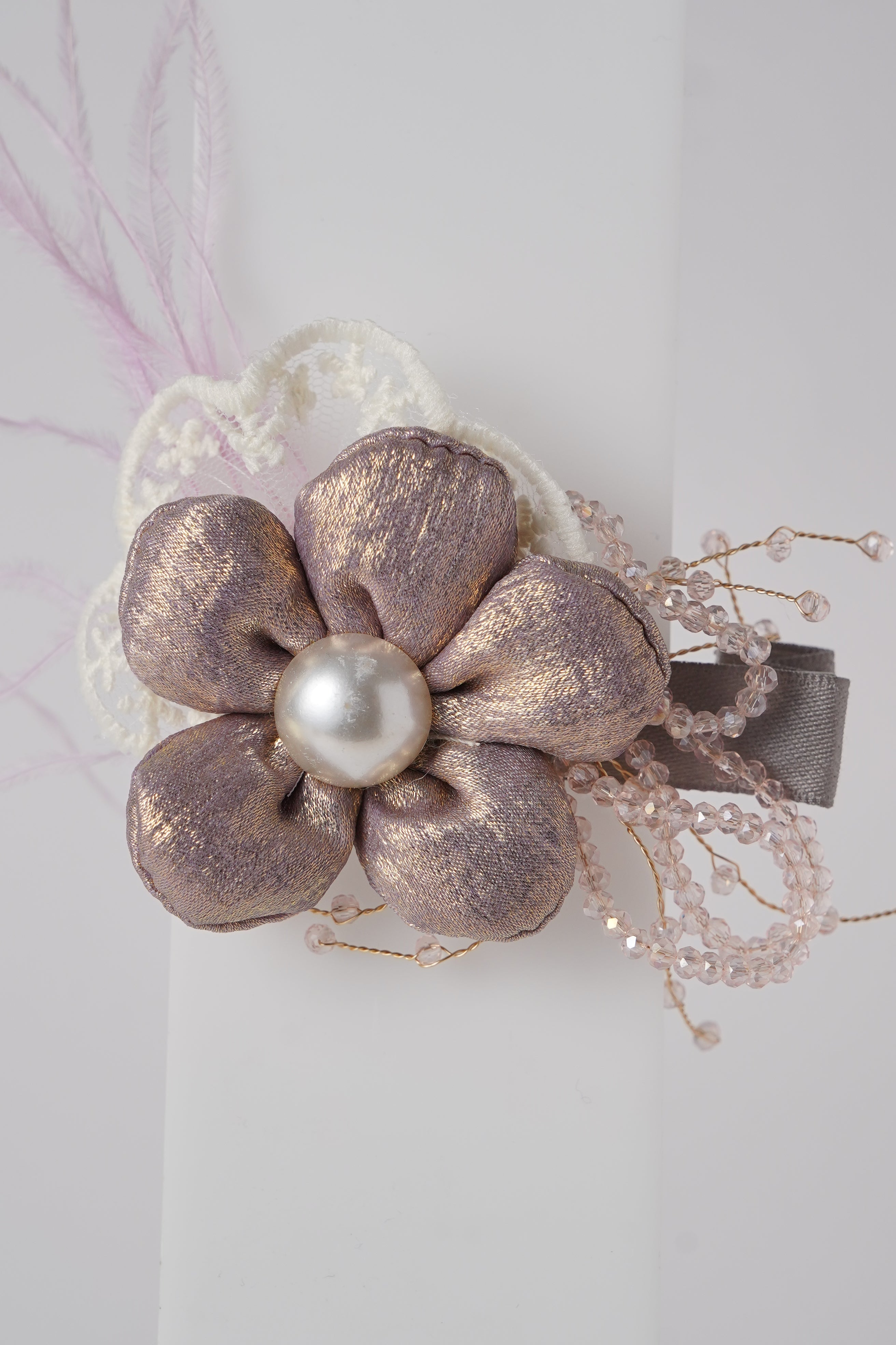 Satin Flower Hair Clip with Pearl Center & Beads Elegant Party Accessory for Girls