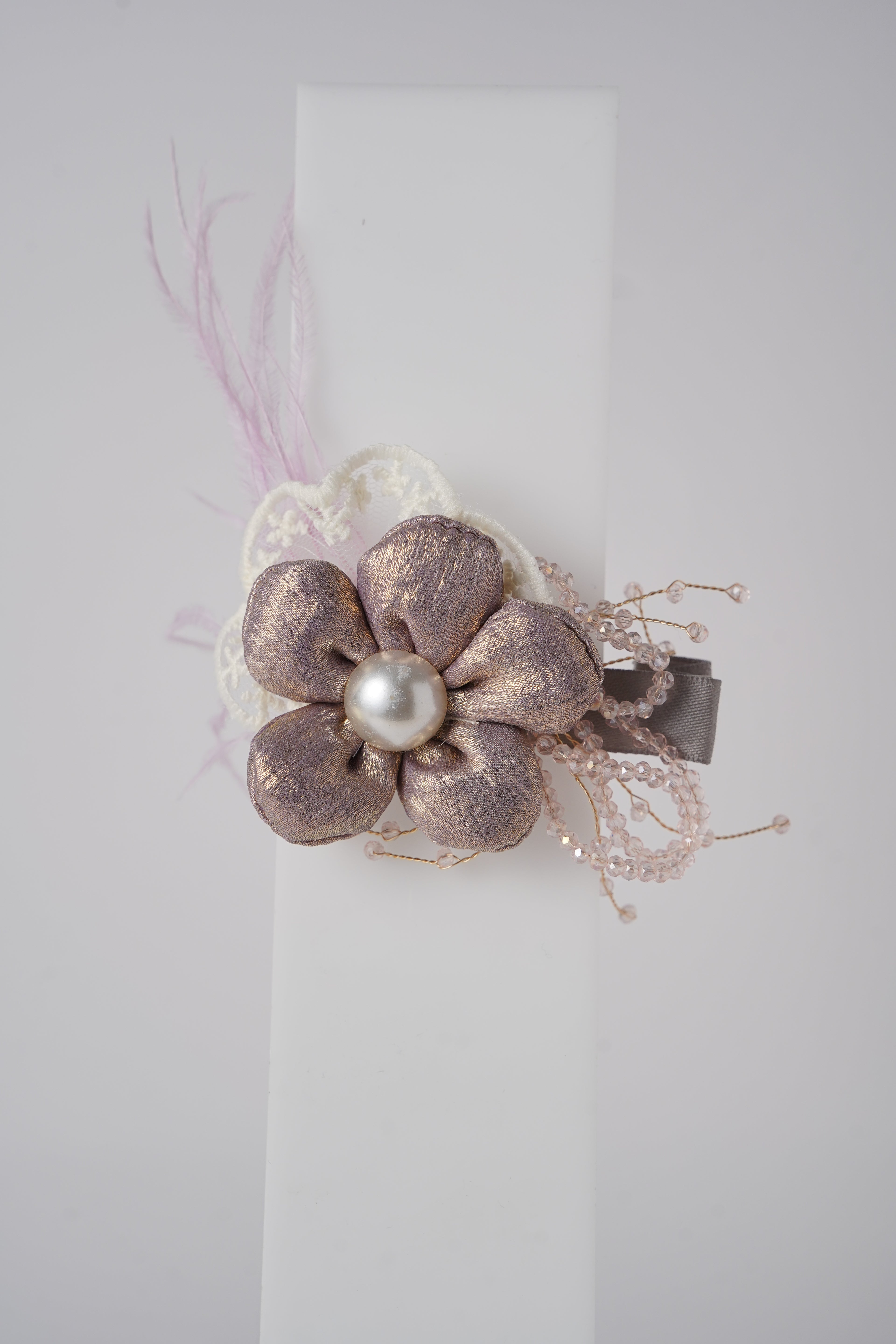 Satin Flower Hair Clip with Pearl Center & Beads Elegant Party Accessory for Girls