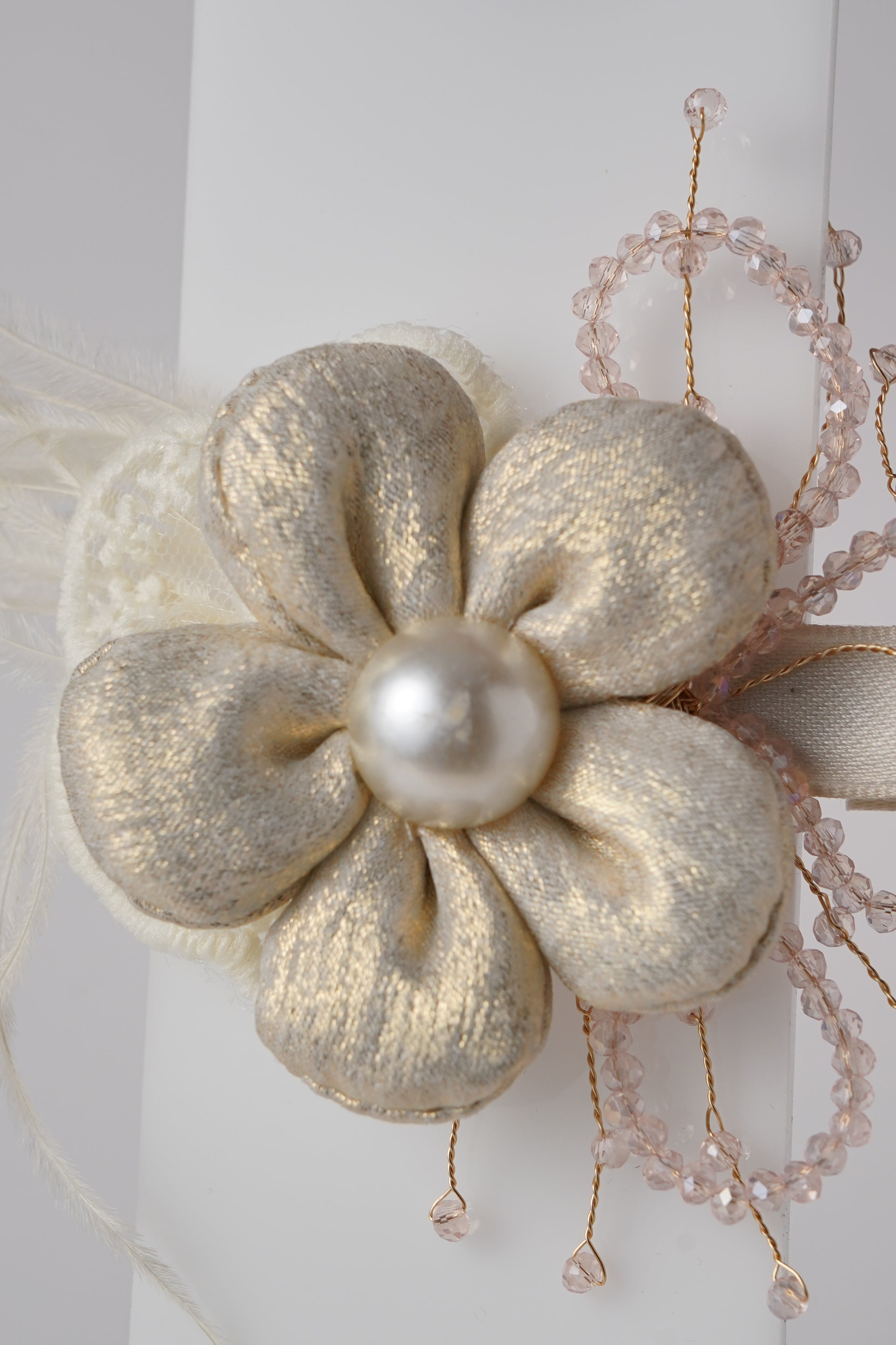 Satin Flower Hair Clip with Pearl Center & Beads Elegant Party Accessory for Girls