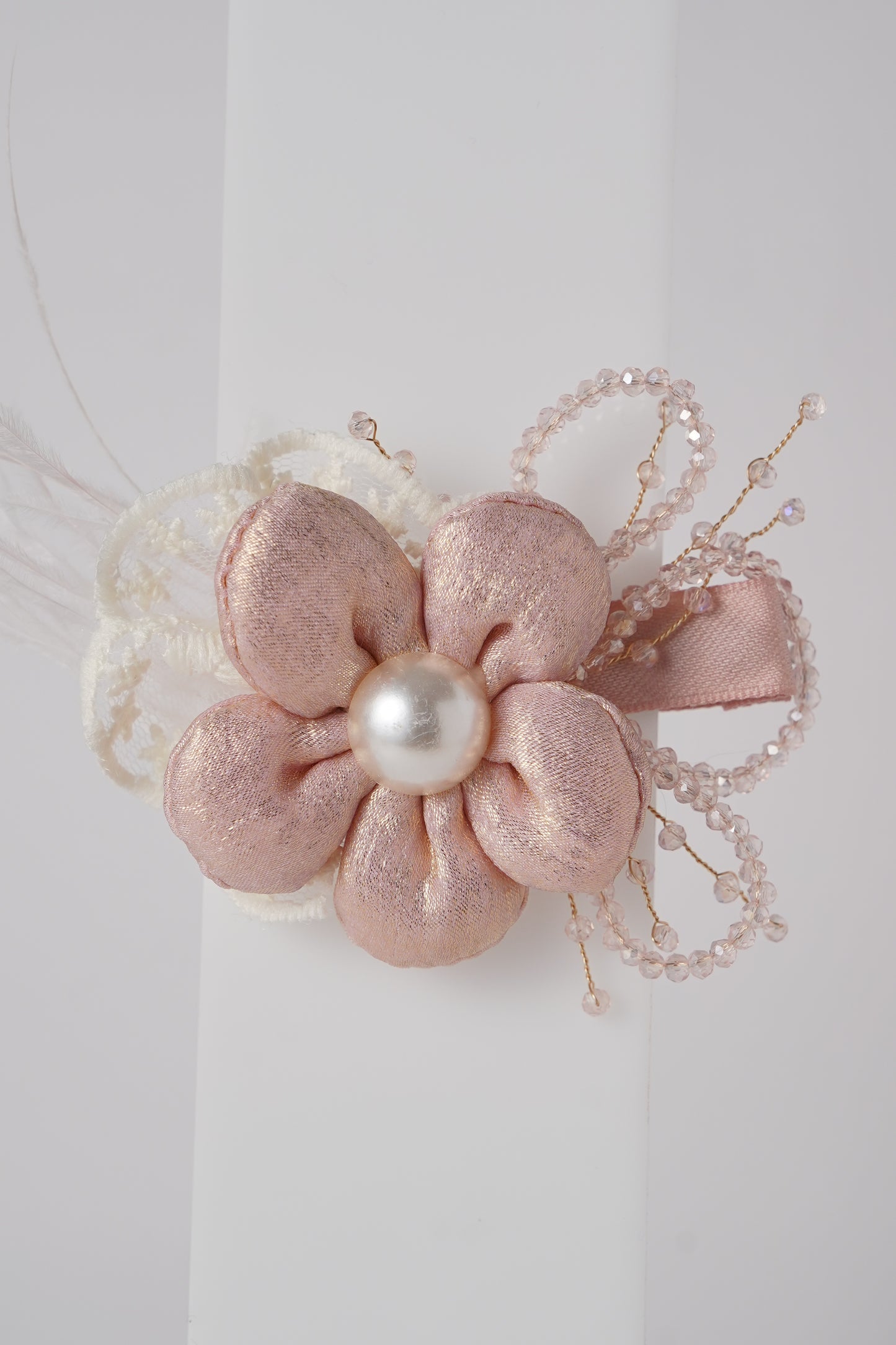 Satin Flower Hair Clip with Pearl Center & Beads Elegant Party Accessory for Girls