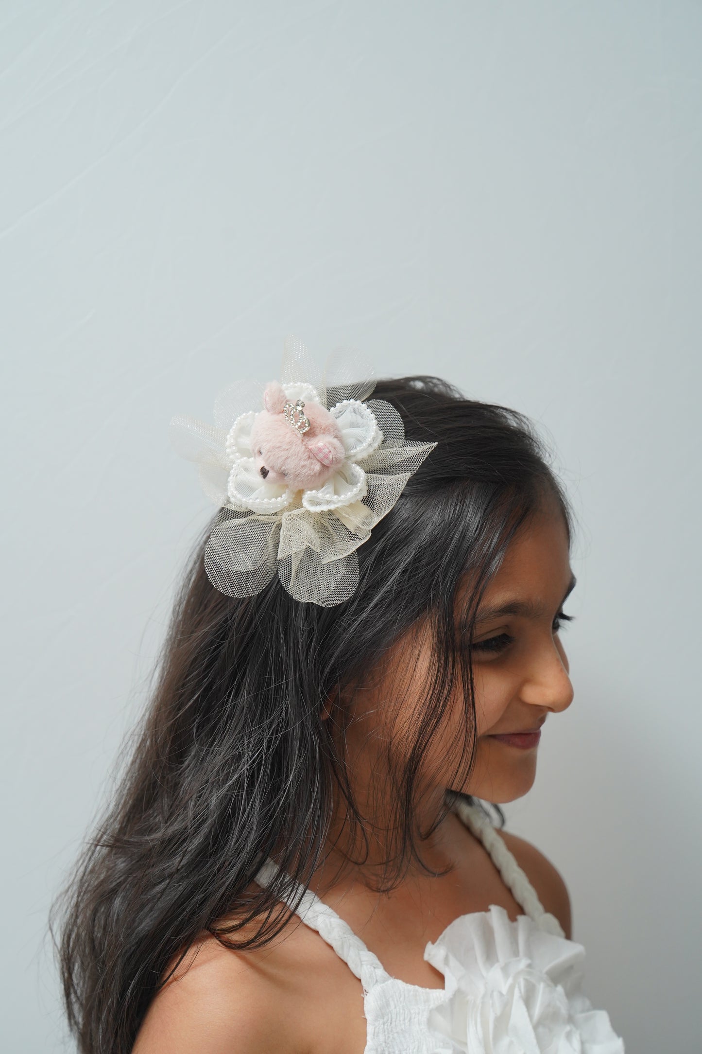 Cute Teddy Bear Hair Clip with Crown & Pearl Flower Girls Party Hair Accessory