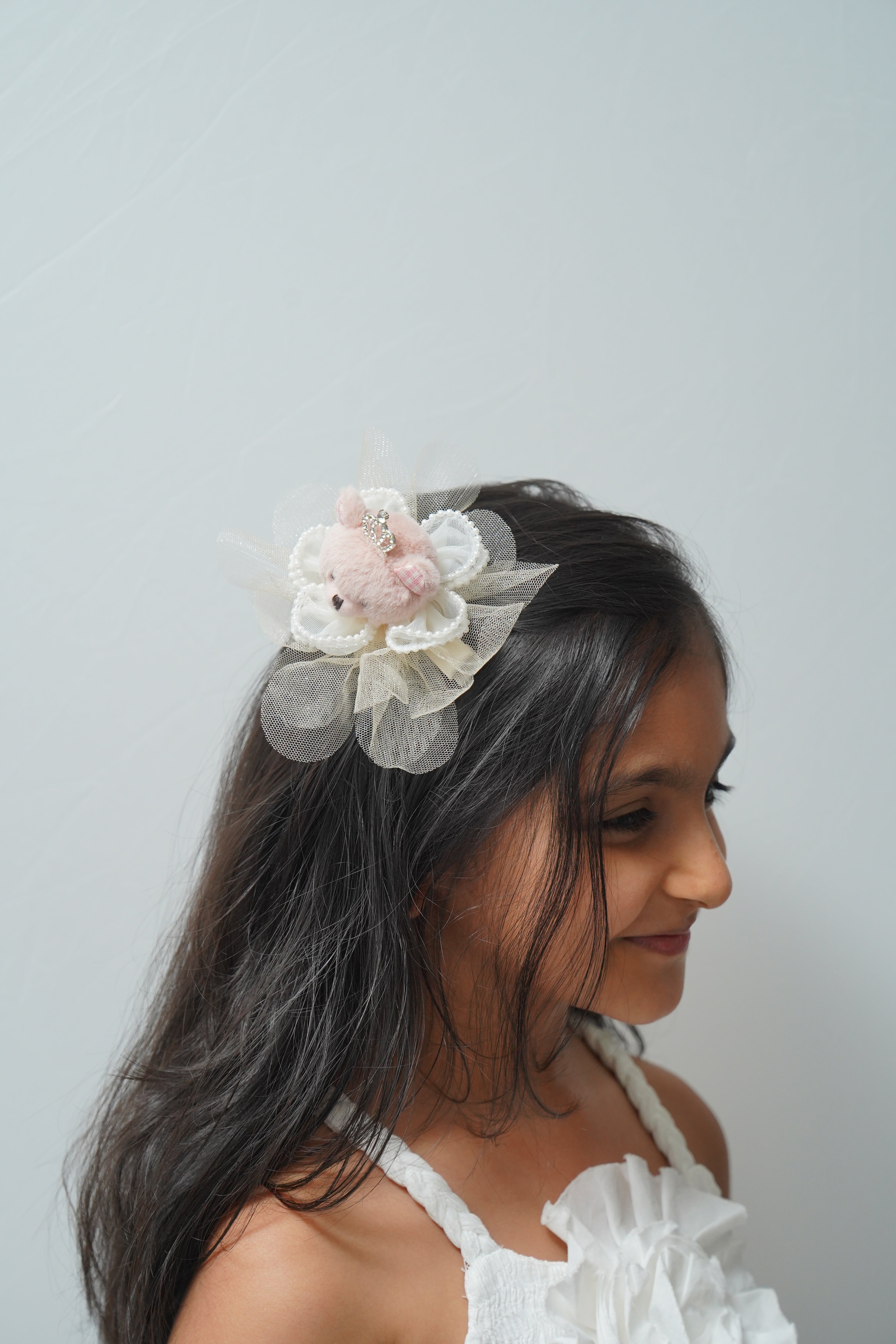 Cute Teddy Bear Hair Clip with Crown & Pearl Flower Girls Party Hair Accessory