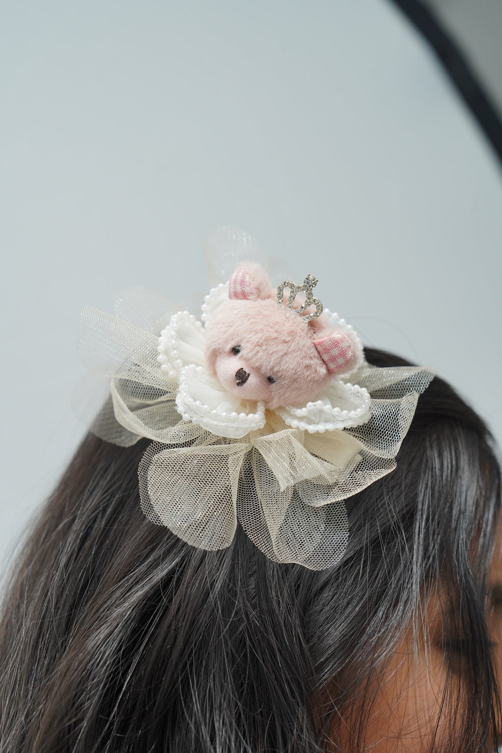 Cute Teddy Bear Hair Clip with Crown & Pearl Flower Girls Party Hair Accessory