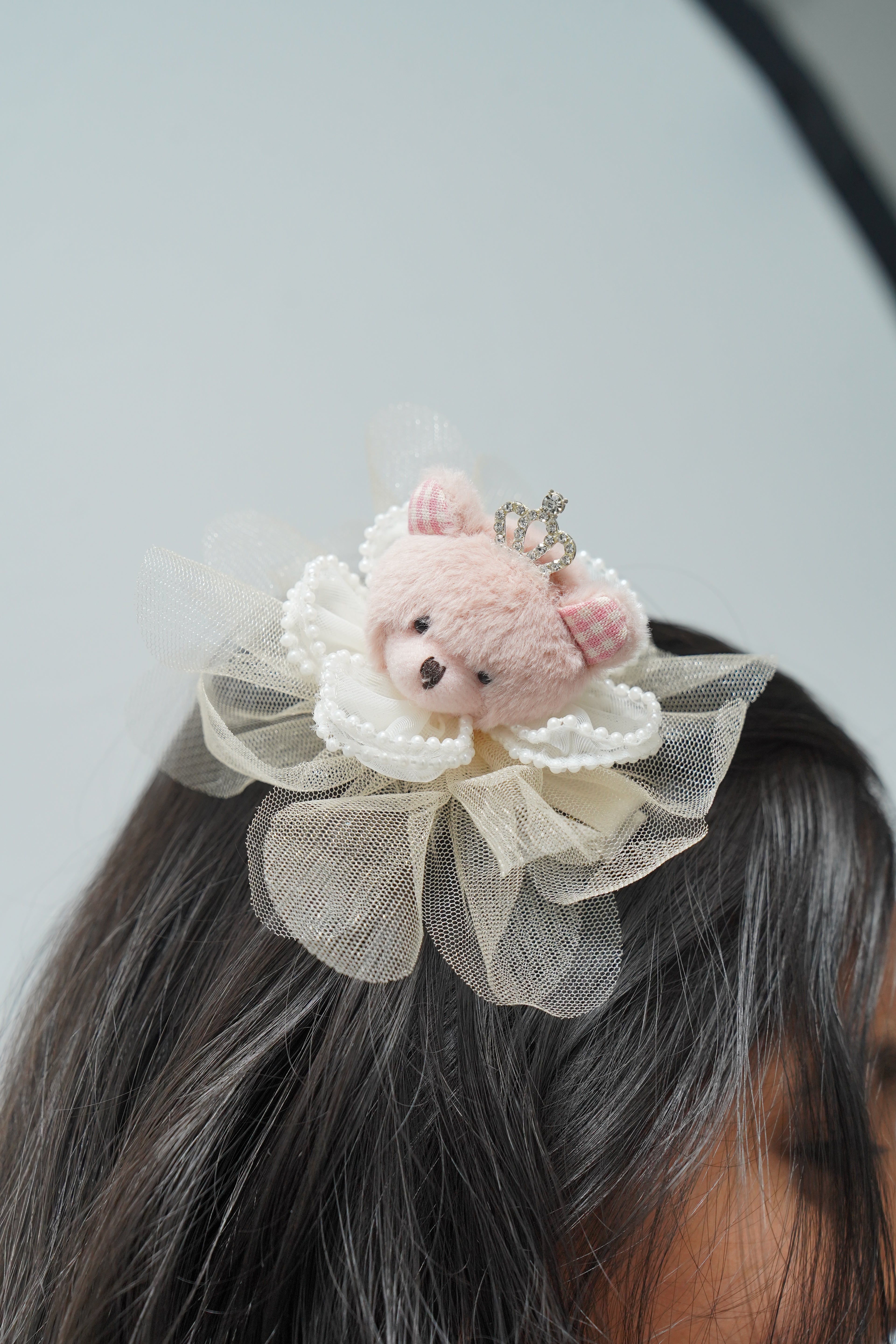Cute Teddy Bear Hair Clip with Crown & Pearl Flower Girls Party Hair Accessory