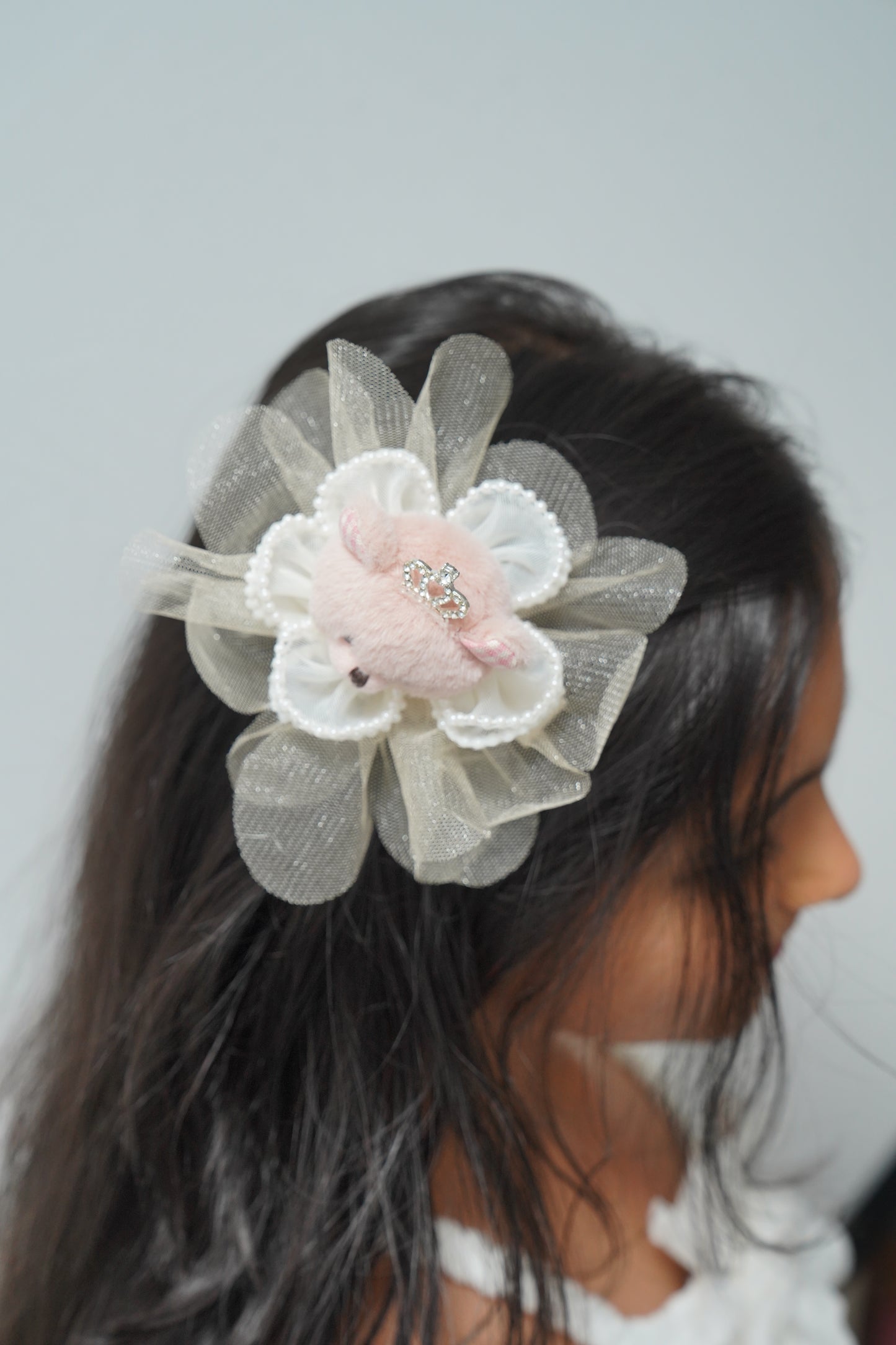 Cute Teddy Bear Hair Clip with Crown & Pearl Flower Girls Party Hair Accessory