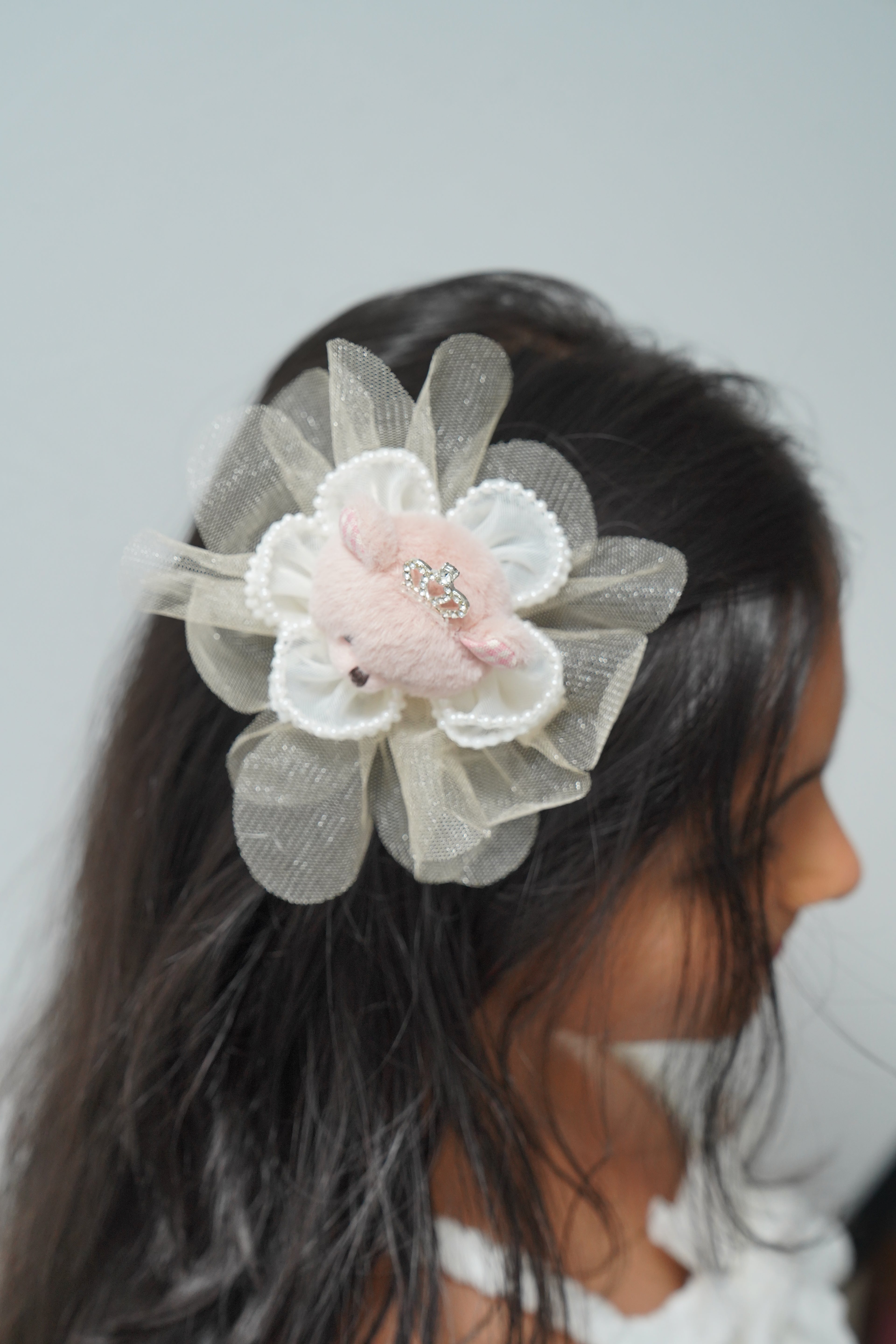 Cute Teddy Bear Hair Clip with Crown & Pearl Flower Girls Party Hair Accessory