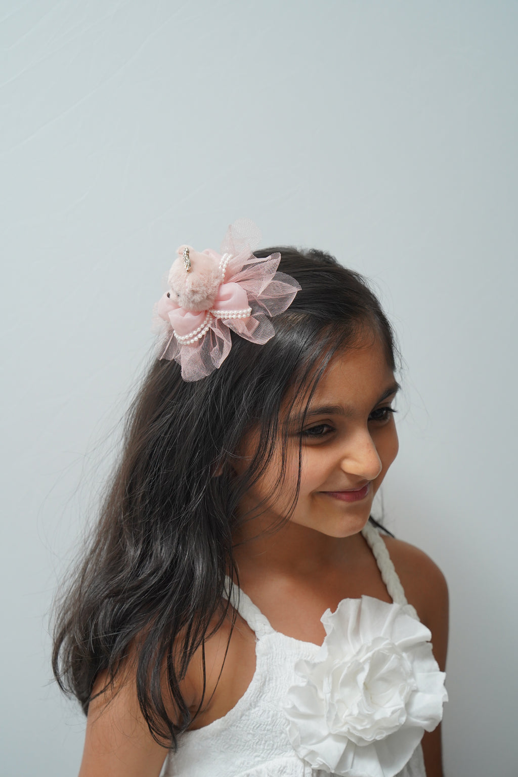 Cute Teddy Bear Hair Clip with Crown & Pearl Flower Girls Party Hair Accessory