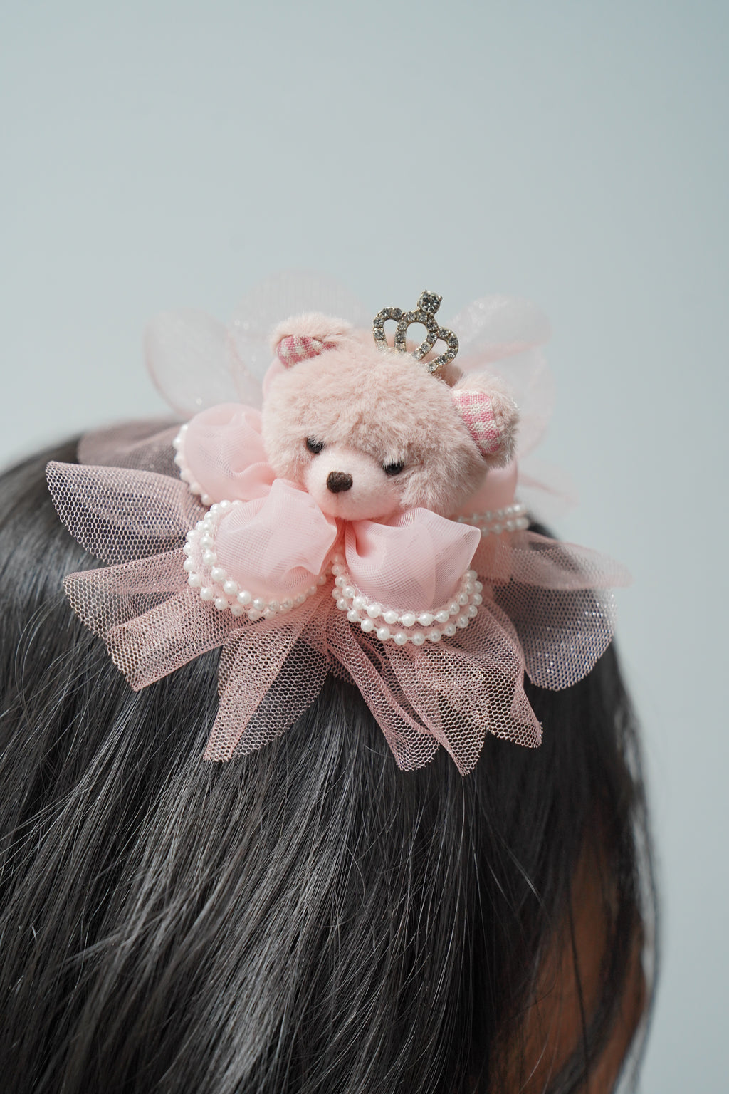 Cute Teddy Bear Hair Clip with Crown & Pearl Flower Girls Party Hair Accessory