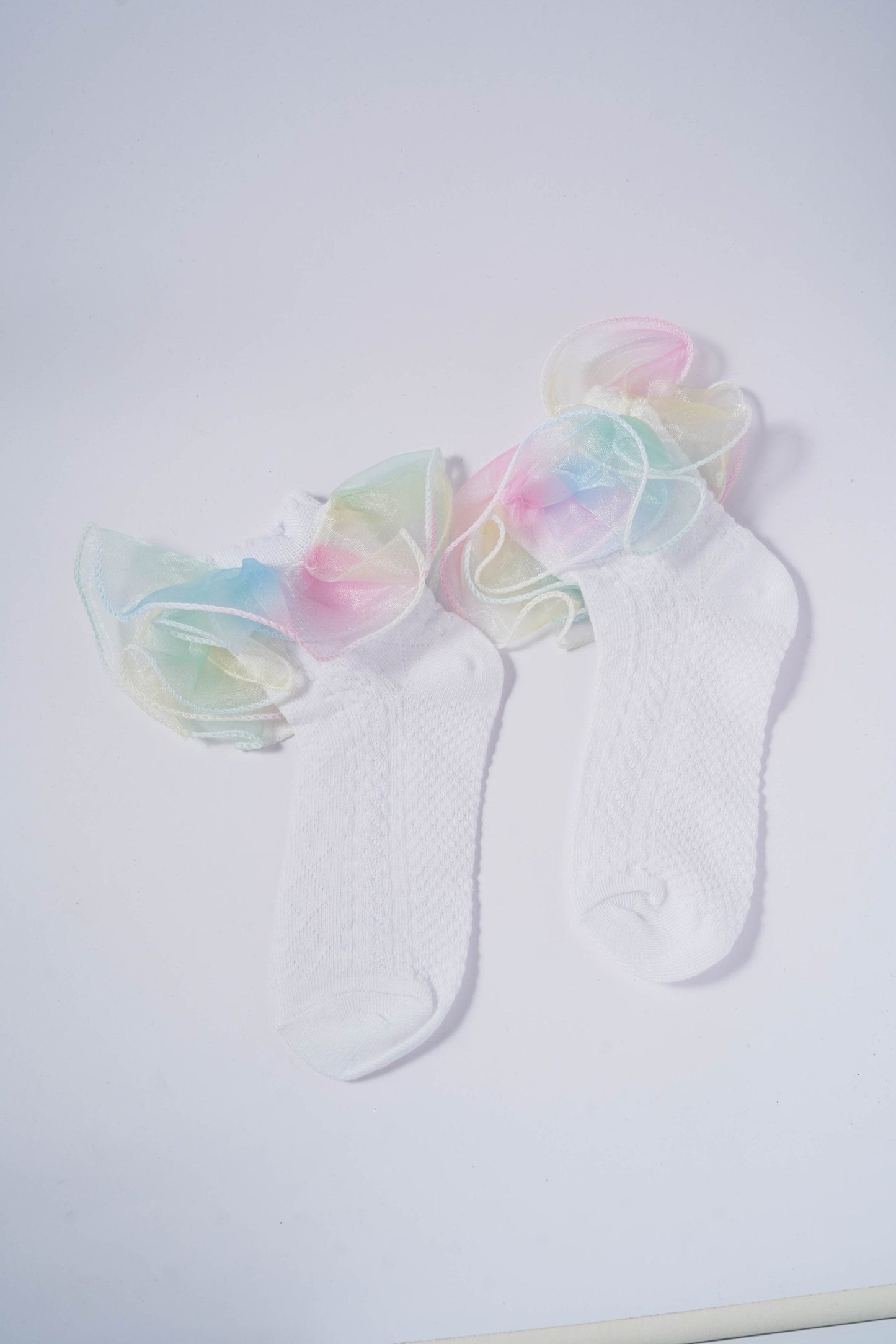 White Kids' Socks with Rainbow Candy Frill