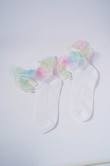 White Kids' Socks with Rainbow Candy Frill