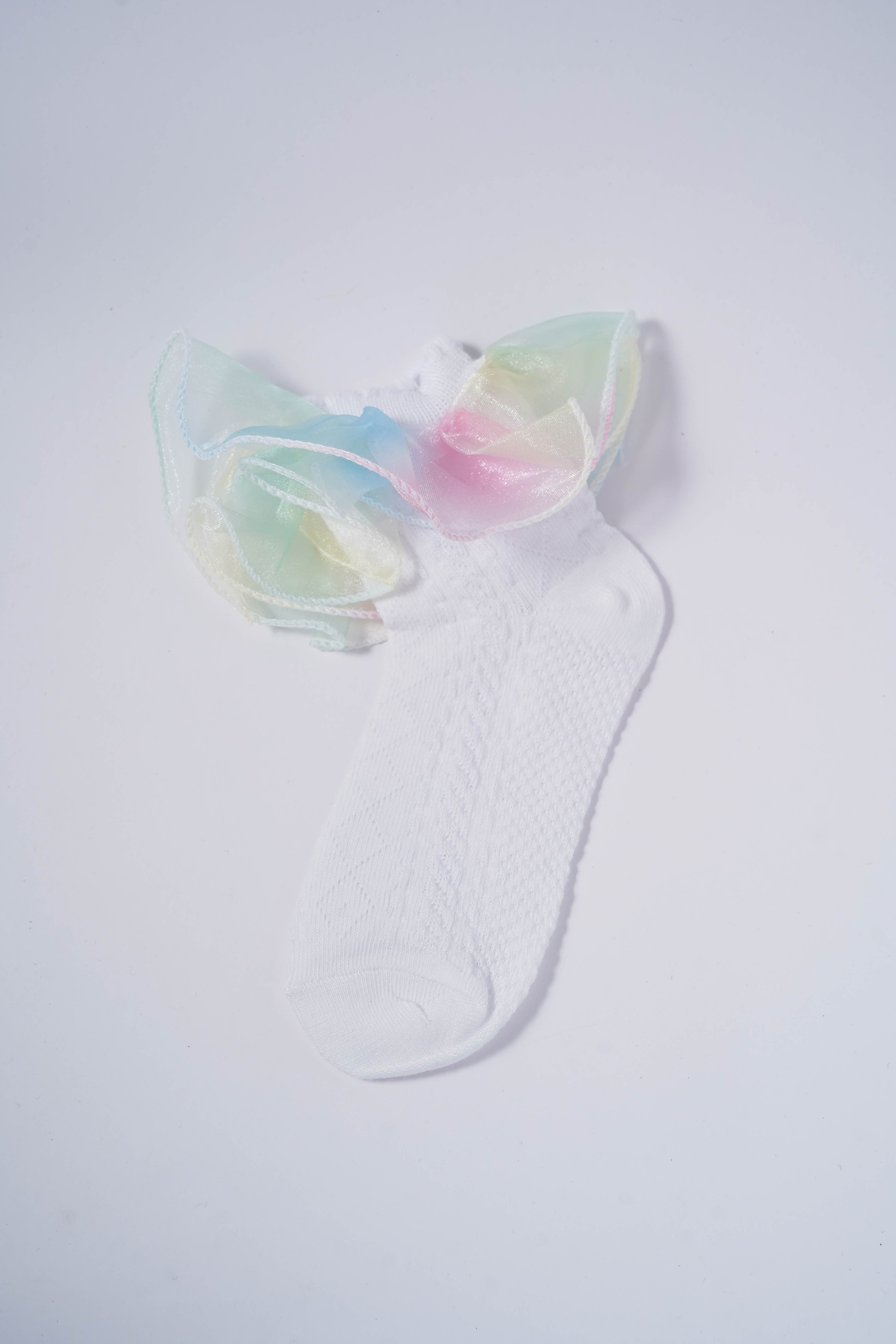 White Kids' Socks with Rainbow Candy Frill