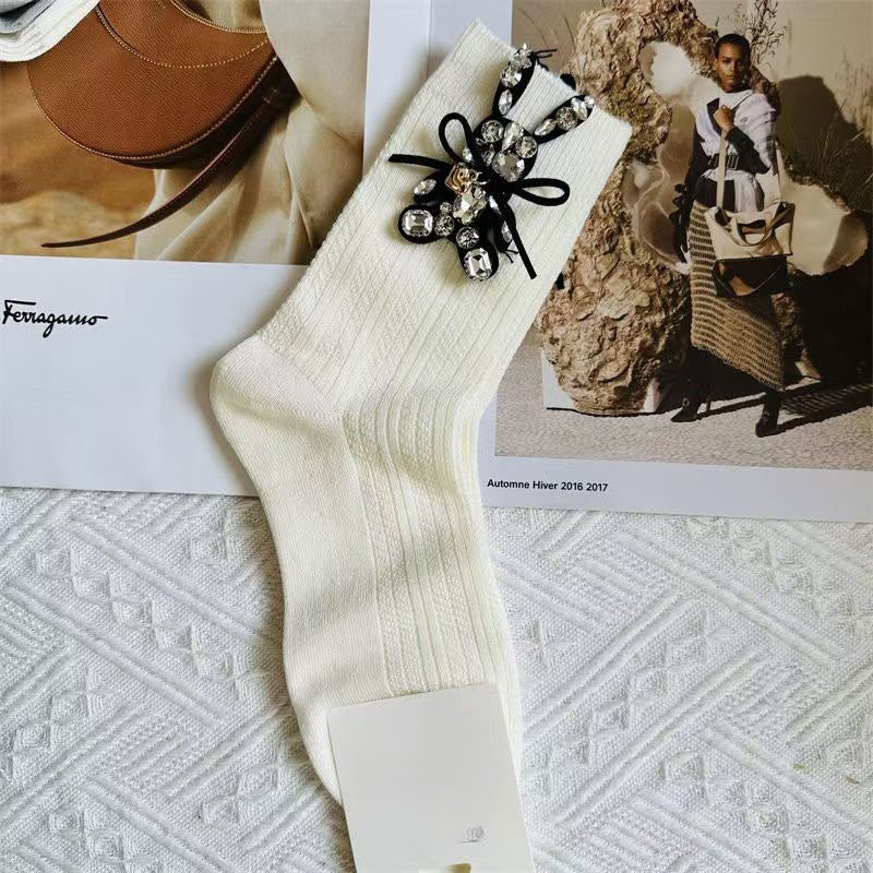 Crystal studded black fashion socks