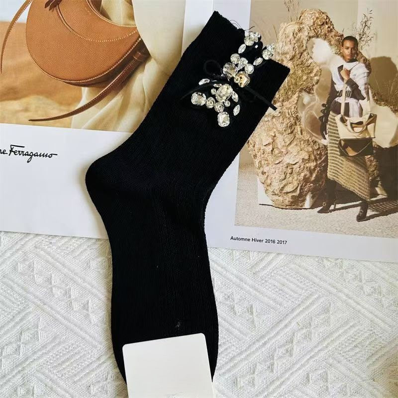Crystal studded black fashion socks