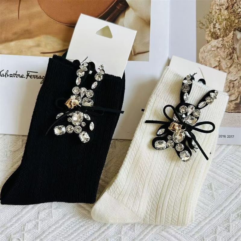 Crystal studded black fashion socks