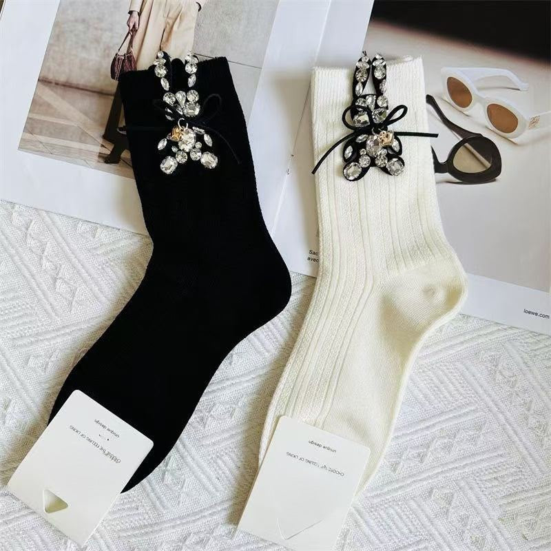 Crystal studded black fashion socks