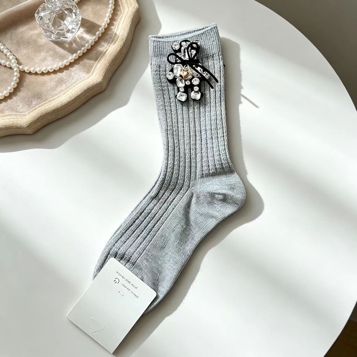 Petite & Posh Grey Ribbed Socks with Crystal teddy