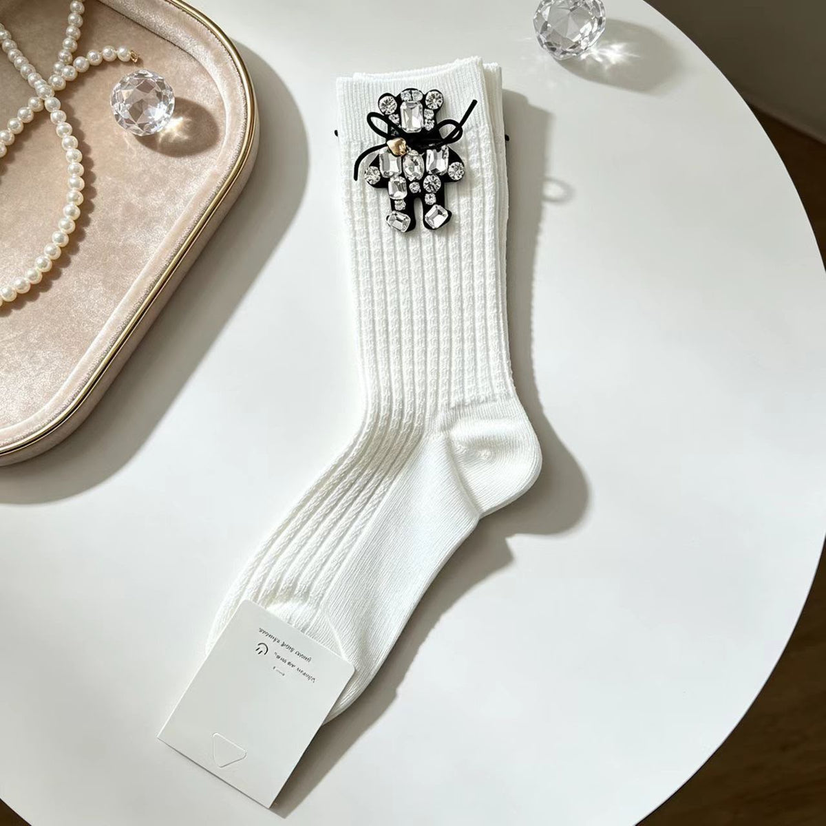 Petite & Posh Grey Ribbed Socks with Crystal teddy