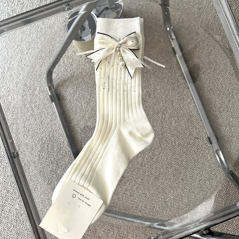 Cream Ribbed Pearl Bow Socks