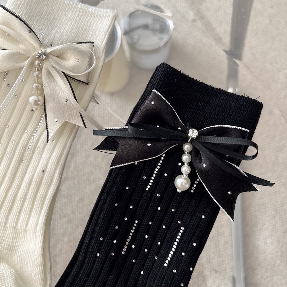 Cream Ribbed Pearl Bow Socks