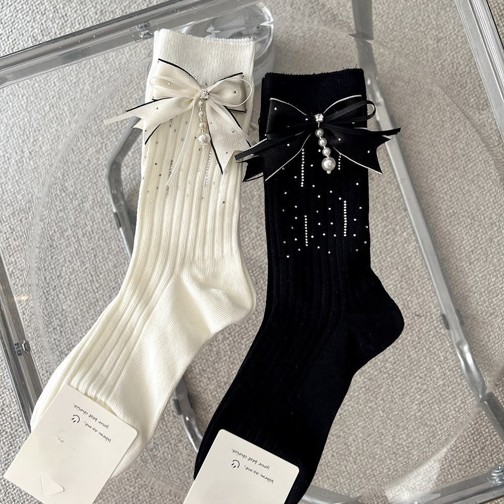 Cream Ribbed Pearl Bow Socks
