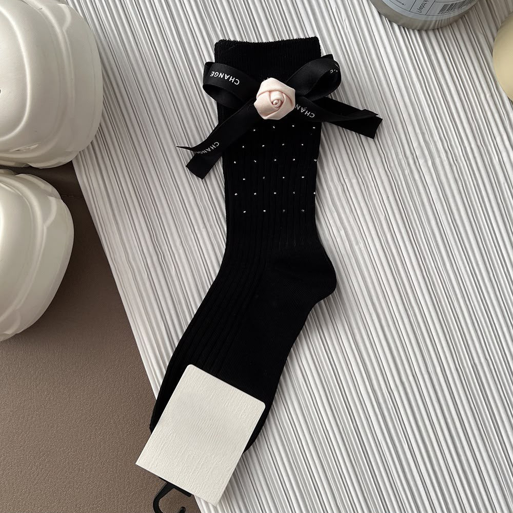 White ribbed socks with Rose and Bow