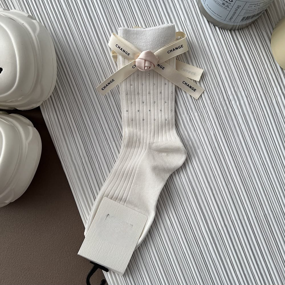 White ribbed socks with Rose and Bow