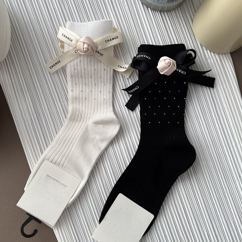 White ribbed socks with Rose and Bow