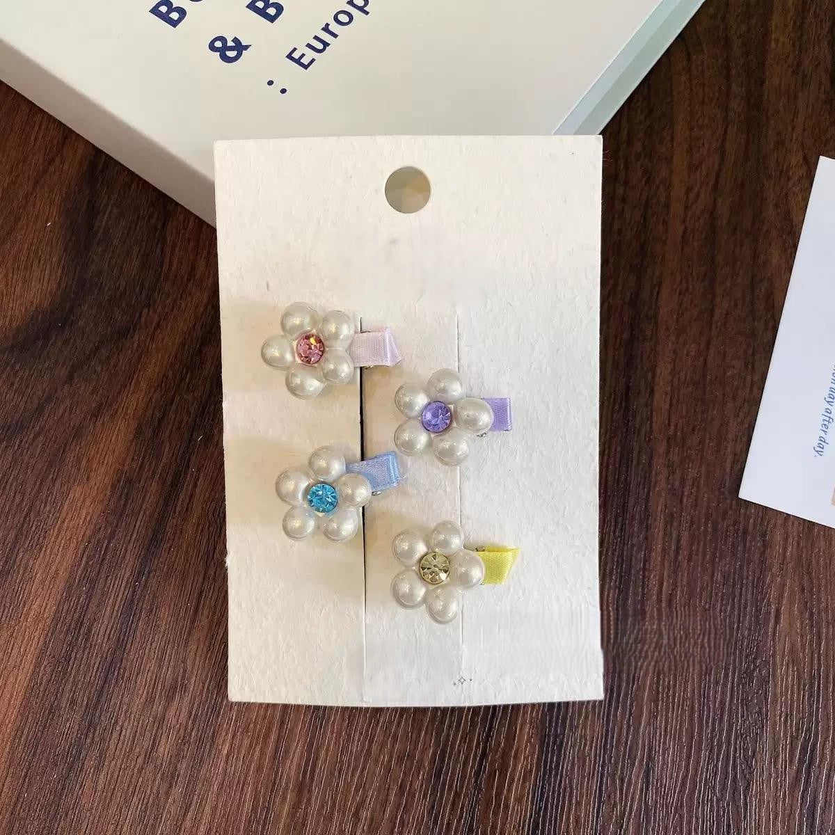Mini Pearl Flower & Colorful Rhinestone Hair Clip Set