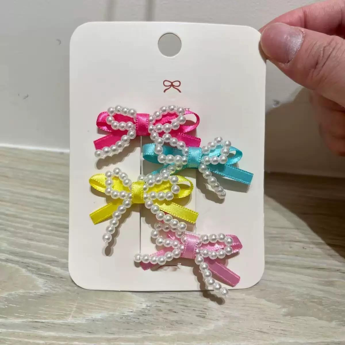 Ribbon Bow & Pearl Embellished Hair Clip Set