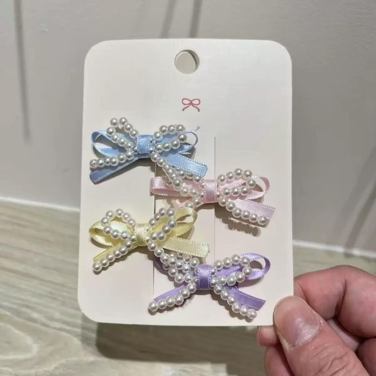 Mini Macaron Pastel Ribbon Bow & Pearl Embellished Hair Clip Set