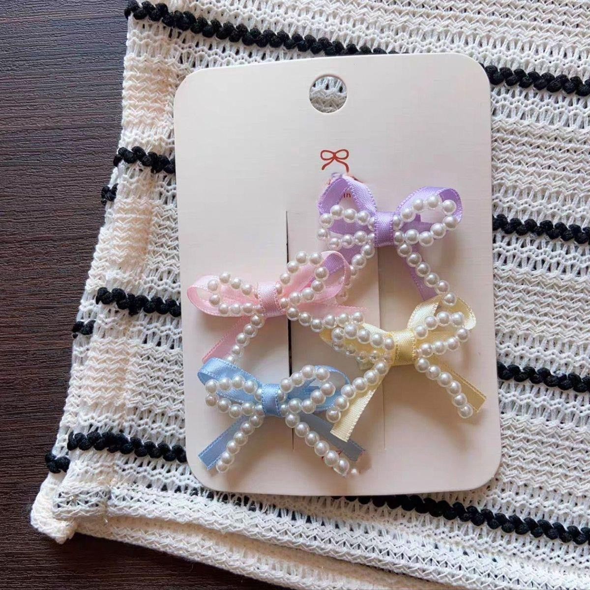 Mini Macaron Pastel Ribbon Bow & Pearl Embellished Hair Clip Set
