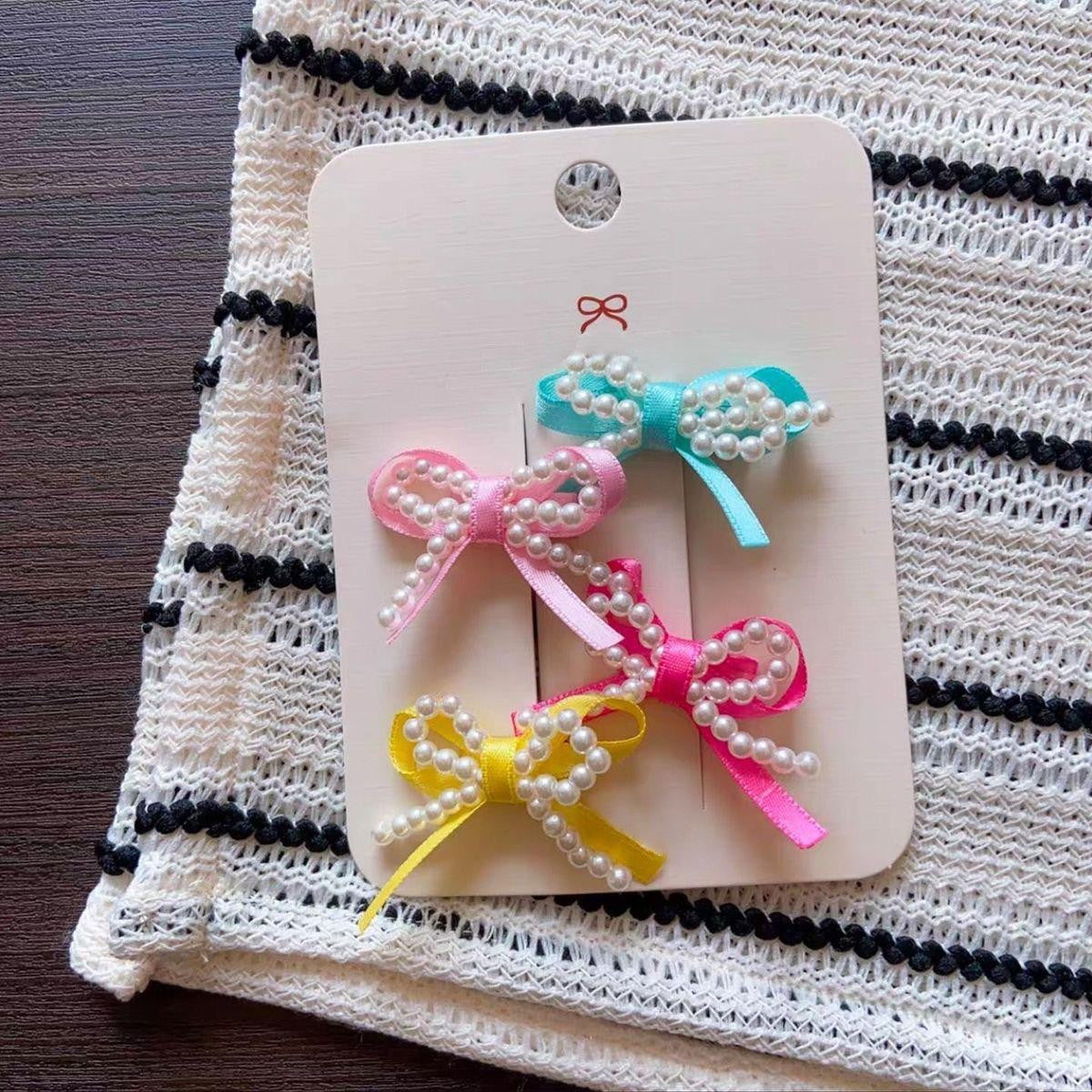 Ribbon Bow & Pearl Embellished Hair Clip Set