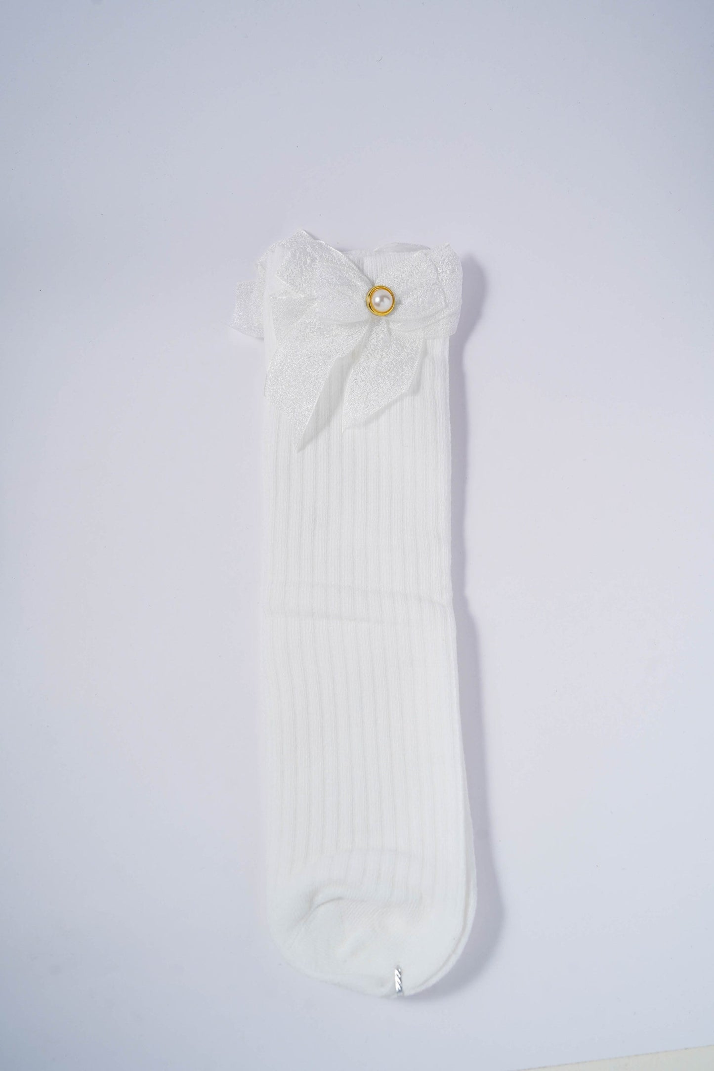 White Ribbed Socks with Metallic White Bow